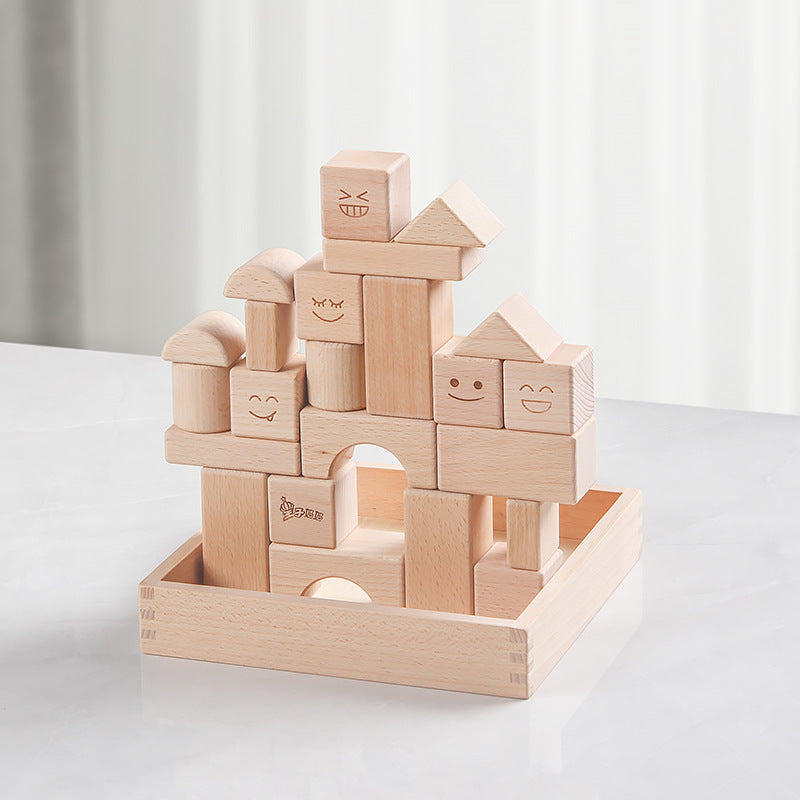 Beechwood smiley face building blocks for 2 year olds - 28-piece set with 6 geometric shapes in non-toxic colors