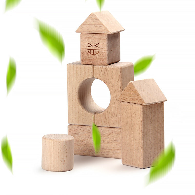 Beechwood smiley face building blocks for 2 year olds - 28-piece set with 6 geometric shapes in non-toxic colors