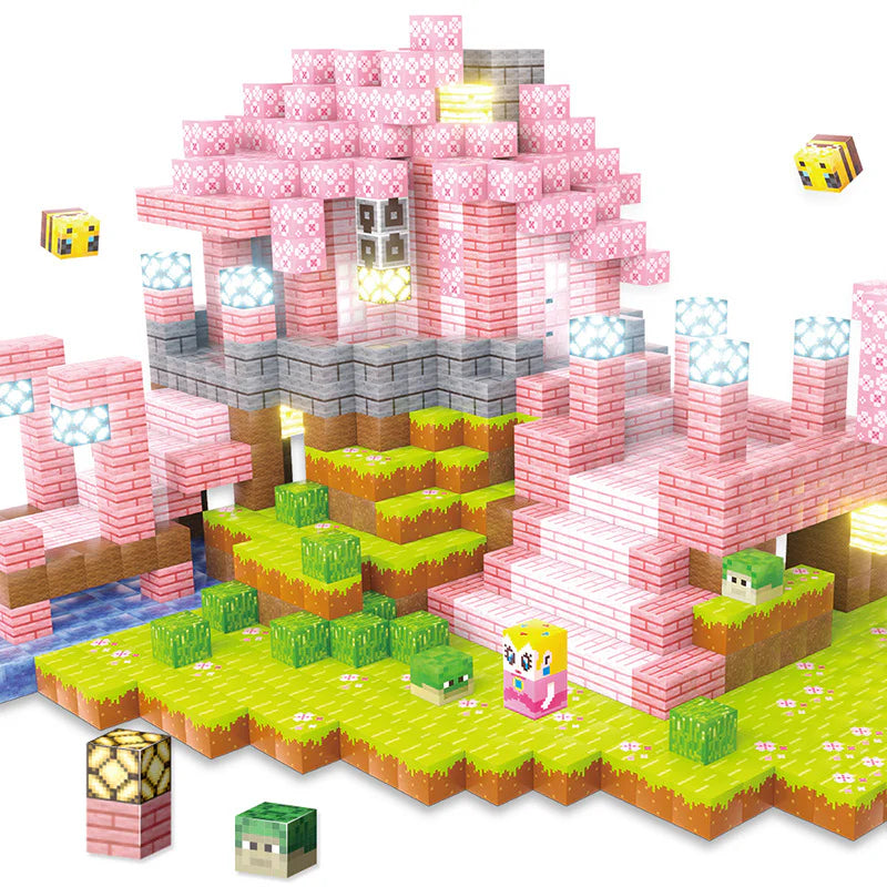 Cherry Blossom Princess Castle built with pink open-ended blocks – a magical building toy for creative kids.