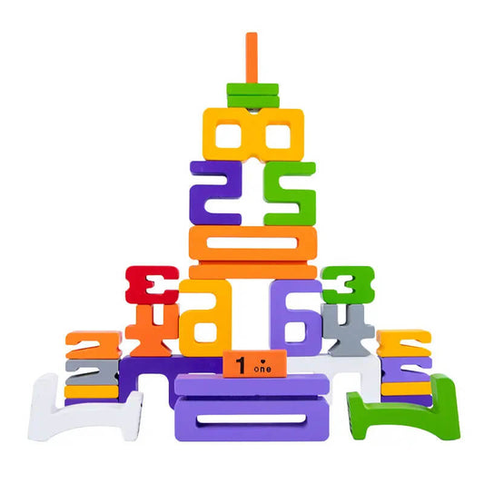 Preschooler using eco-friendly wooden number blocks as learning toys for early math