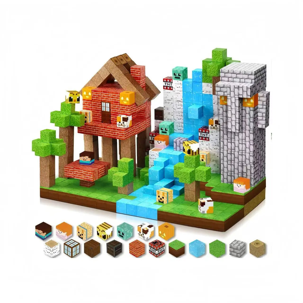 Close-up of Montessori jungle magnetic blocks: wooden tree, vine, and animal pieces with safe embedded magnets