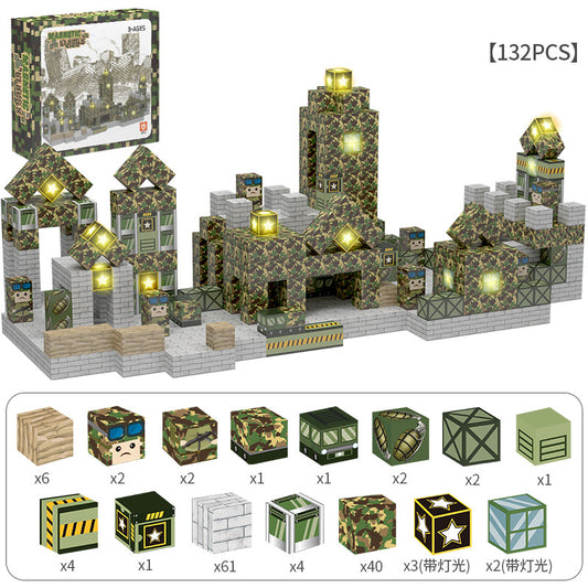 Kids building military forts with magnetic open ended blocks – top STEM toys for 3 year olds