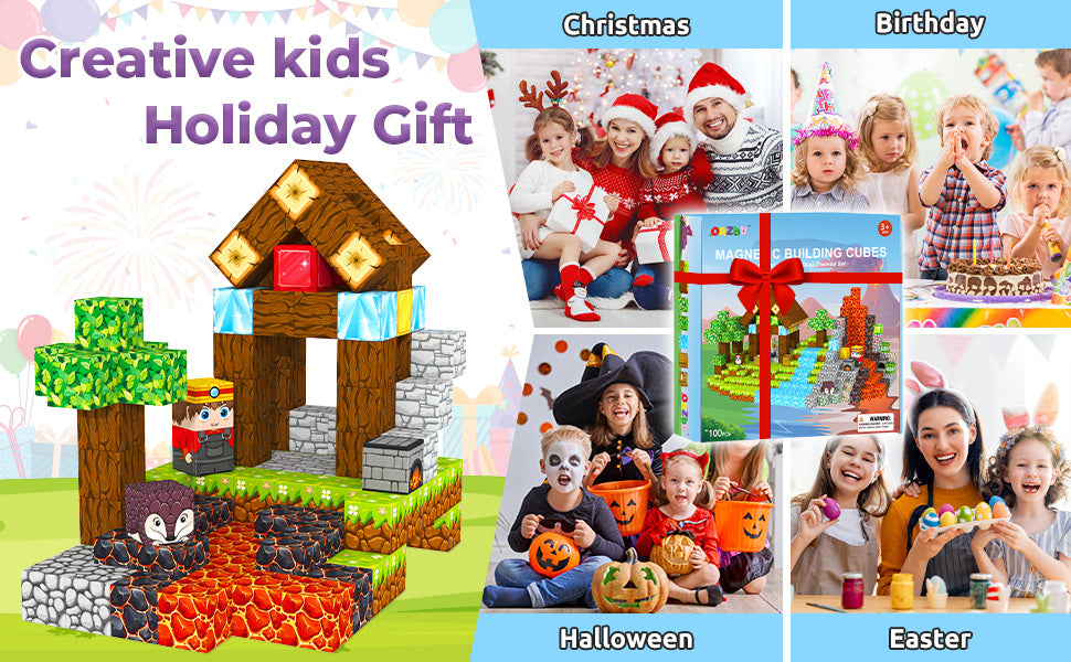 A box of magnetic blocks wrapped with a bow under a Christmas tree, positioned as the perfect holiday gift for a child aged 3 and up.