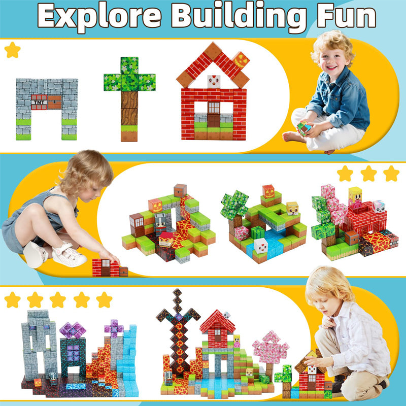 A young child smiles with joy and concentration while effortlessly building a winding track with brightly colored, easy-connect magnetic tiles.