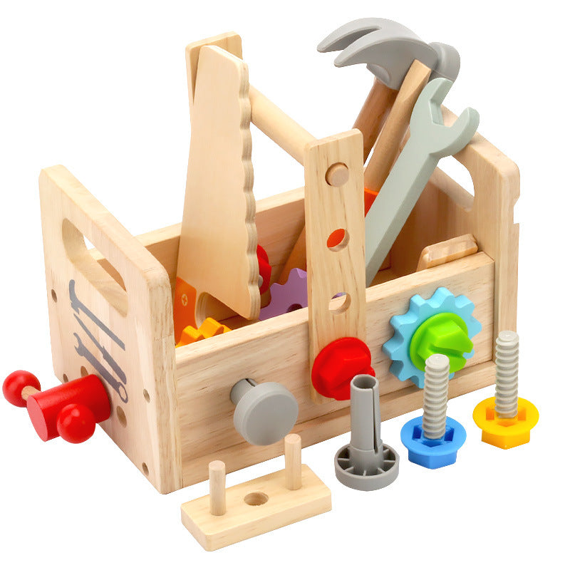 Montessori wooden tool set with bench and toolbox function for toddlers