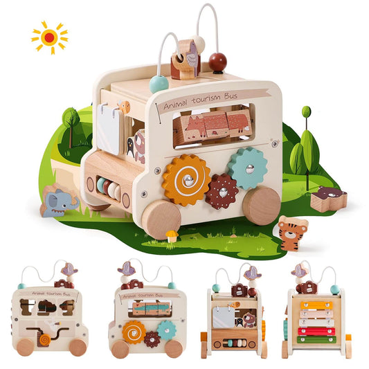 Montessori 8-in-1 Wooden Activity Bus - Multifunctional Learning Toy for Toddlers