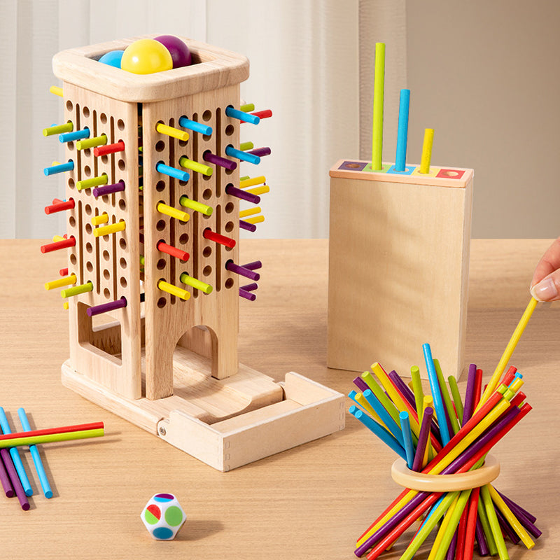 3-in-1 wooden stick game with stacking, pulling, and balancing play options for kids
