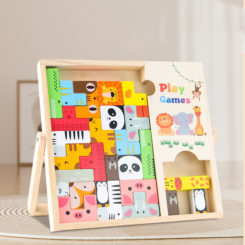 Wooden 3D Tetris puzzle toy for toddlers aged 3–4 to build logic and spatial skills