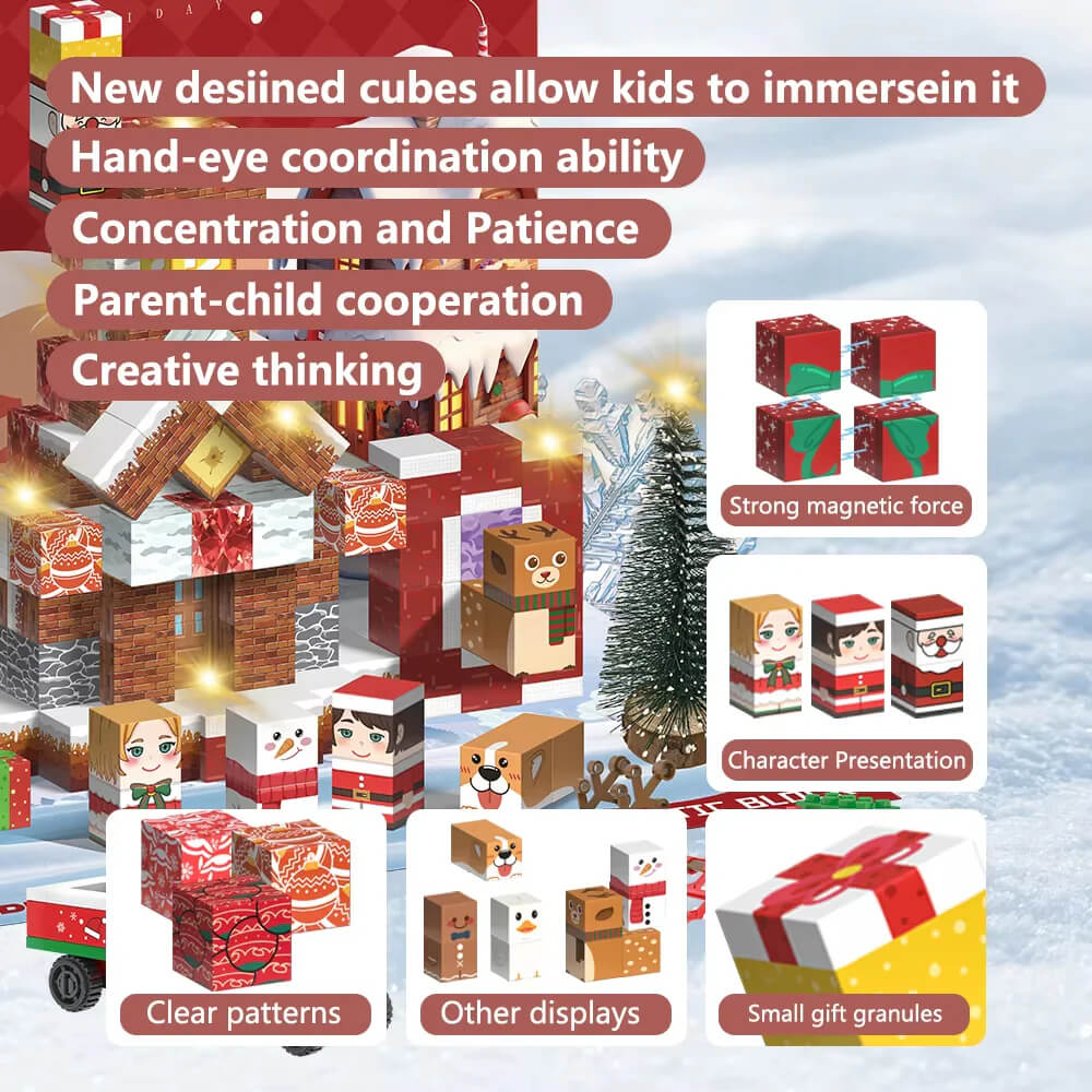 A family enjoying building the Magnetic Christmas Countdown Calendar together during the holidays.