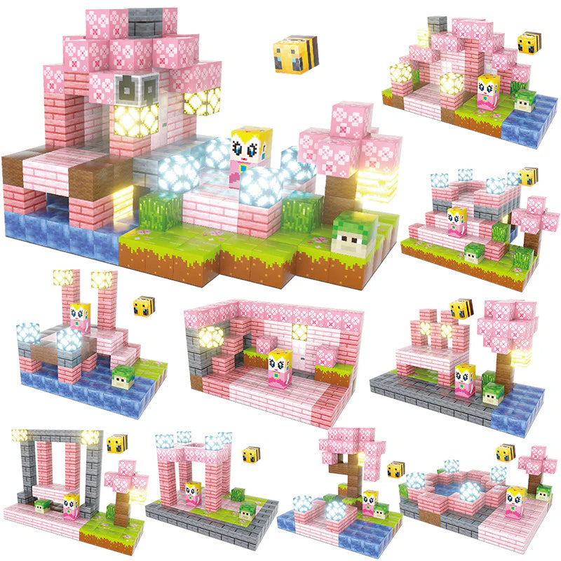 Cherry Blossom Princess Castle built with pink open-ended blocks – a magical building toy for creative kids.