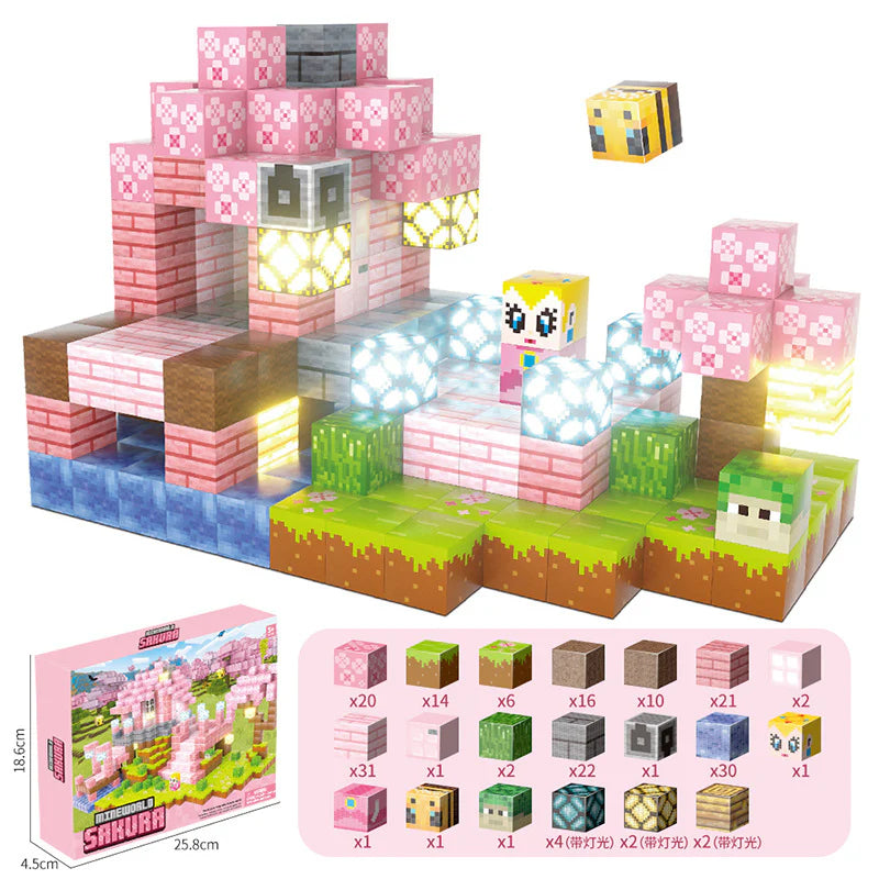 Cherry Blossom Princess Castle built with pink open-ended blocks – a magical building toy for creative kids.
