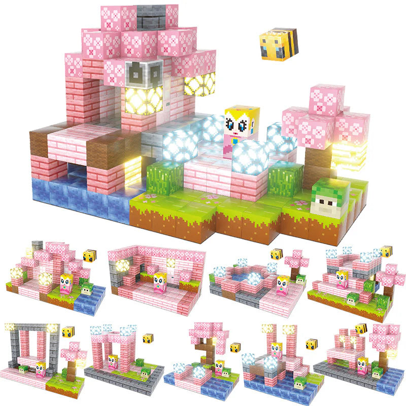 Cherry Blossom Princess Castle built with pink open-ended blocks – a magical building toy for creative kids.