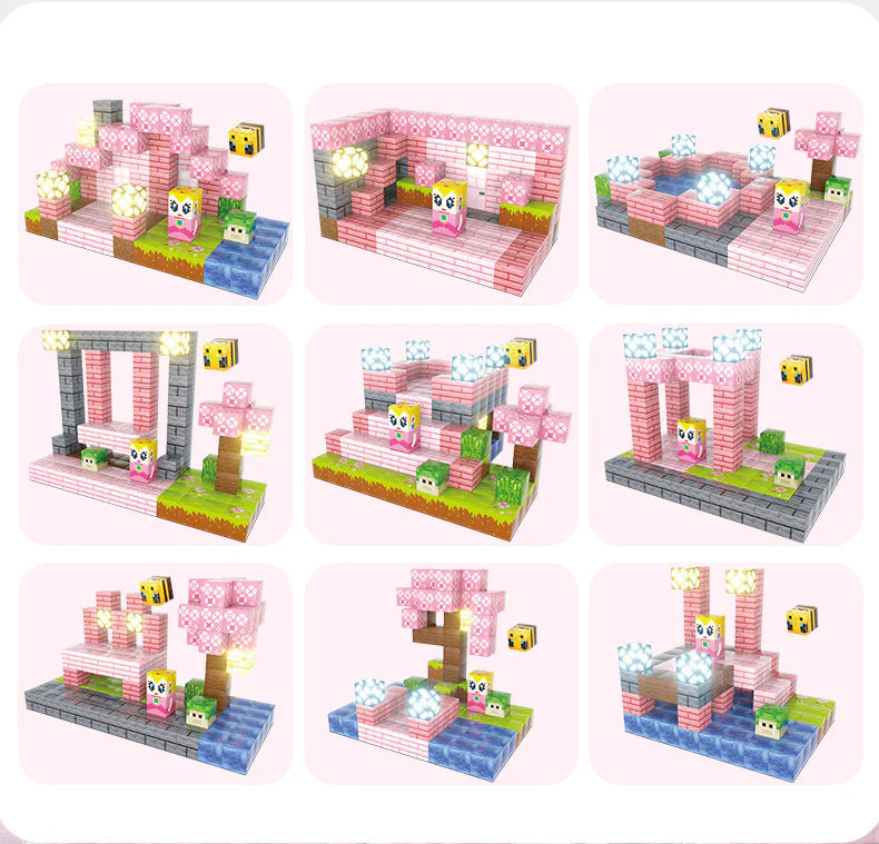Cherry Blossom Princess Castle built with pink open-ended blocks – a magical building toy for creative kids.