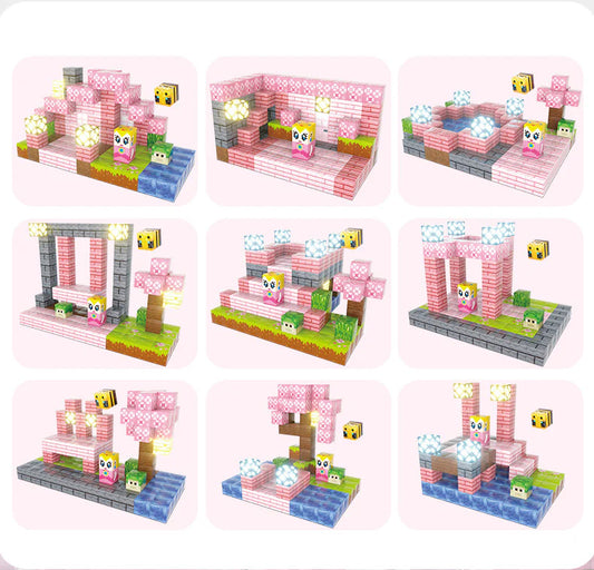 Cherry Blossom Princess Castle built with pink open-ended blocks – a magical building toy for creative kids.