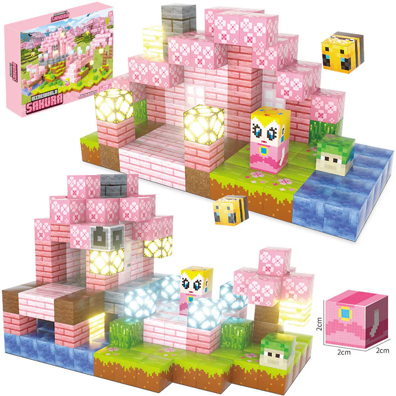 Cherry Blossom Princess Castle built with pink open-ended blocks – a magical building toy for creative kids.