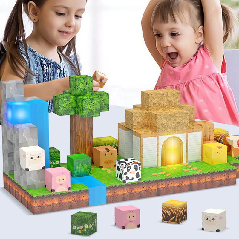 Child building a whimsical farmhouse with open ended magnetic blocks, glowing tiles and animal figurines