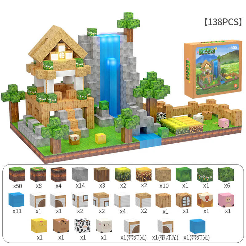 Child building a whimsical farmhouse with open ended magnetic blocks, glowing tiles and animal figurines