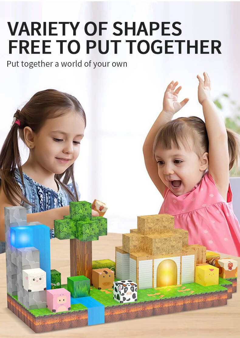 Child building a whimsical farmhouse with open ended magnetic blocks, glowing tiles and animal figurines