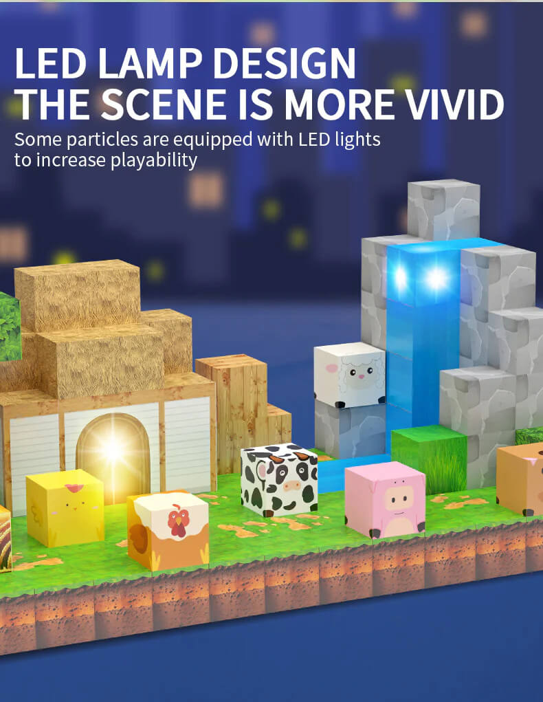 Child building a whimsical farmhouse with open ended magnetic blocks, glowing tiles and animal figurines