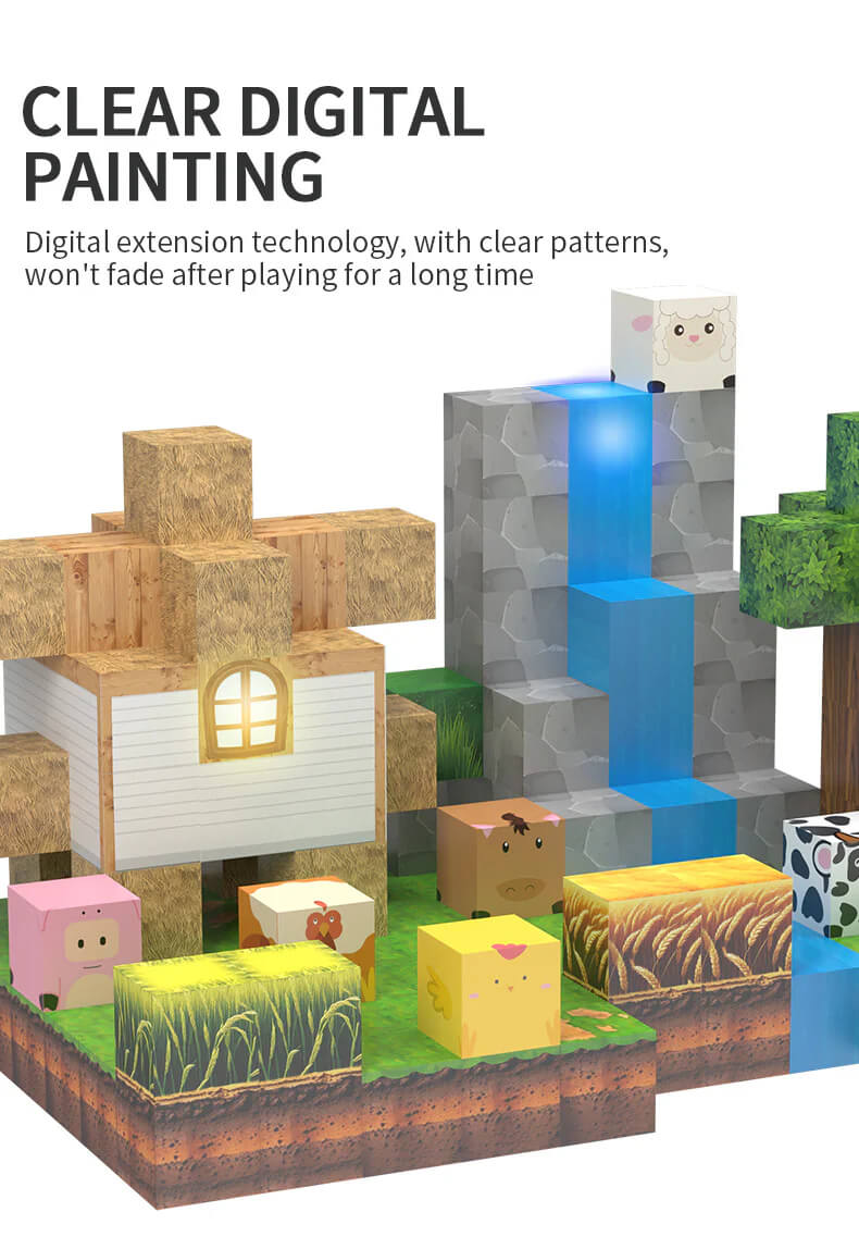 Child building a whimsical farmhouse with open ended magnetic blocks, glowing tiles and animal figurines