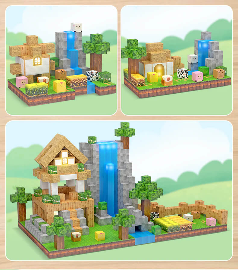 Child building a whimsical farmhouse with open ended magnetic blocks, glowing tiles and animal figurines