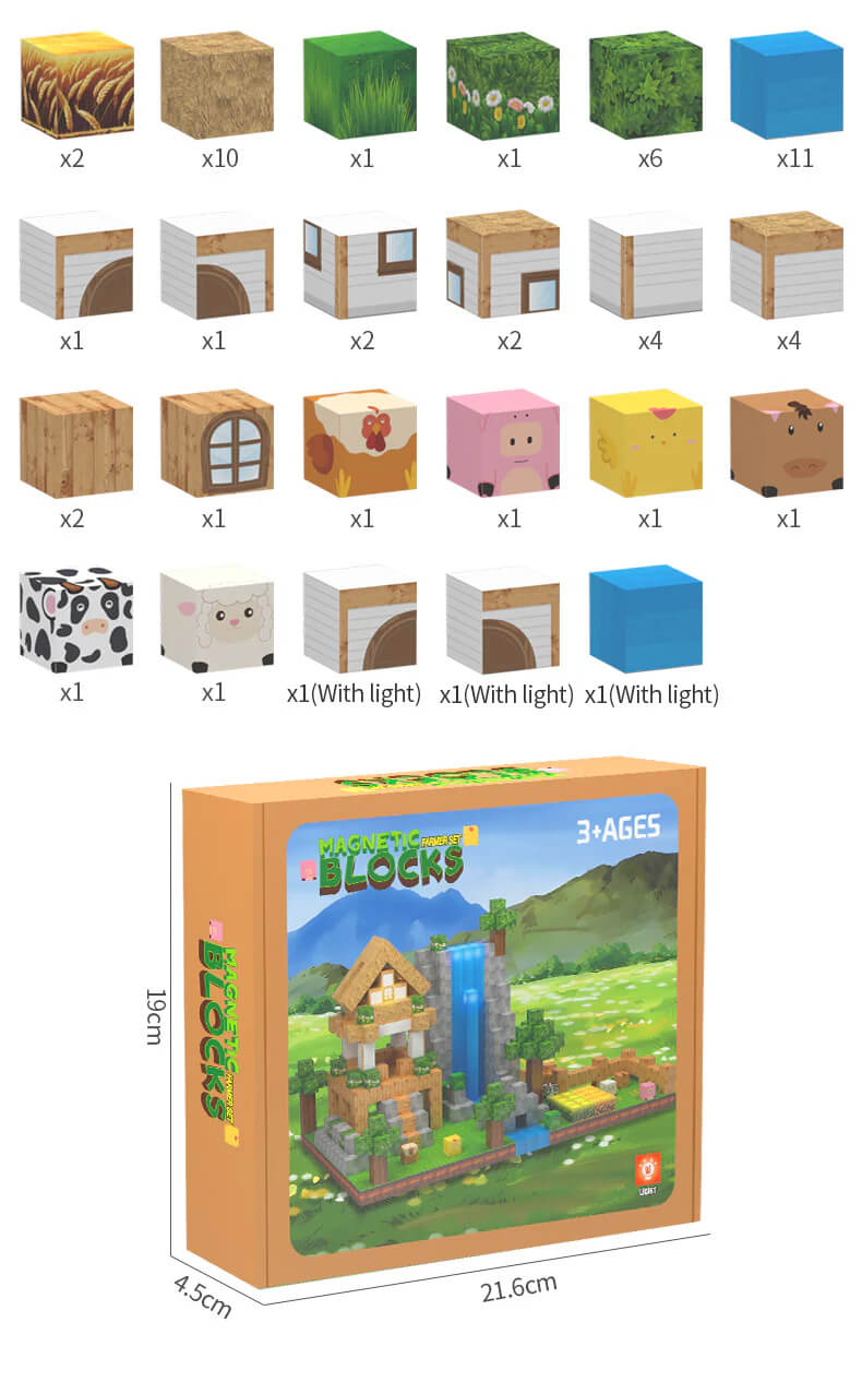 Child building a whimsical farmhouse with open ended magnetic blocks, glowing tiles and animal figurines