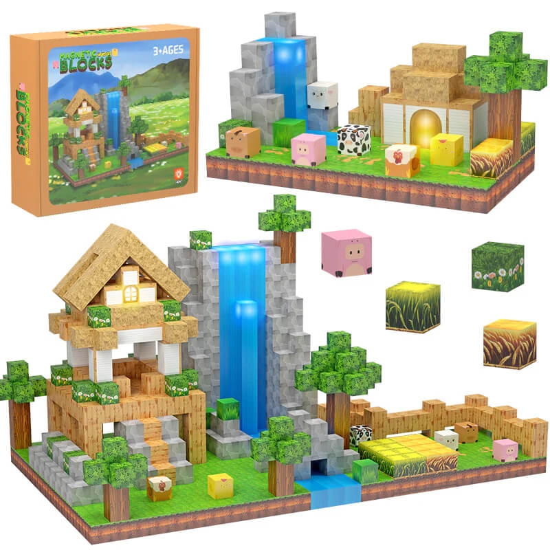 Child building a whimsical farmhouse with open ended magnetic blocks, glowing tiles and animal figurines