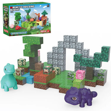 Child building dinosaur world with magnetic blocks | Best STEM toys for 3 year olds