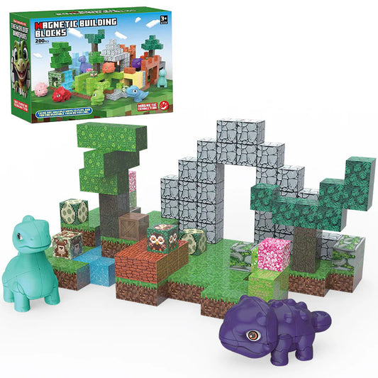 Child building dinosaur world with magnetic blocks | Best STEM toys for 3 year olds