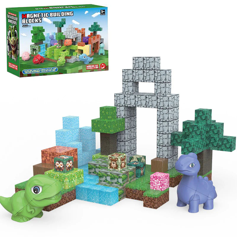 Child building dinosaur world with magnetic blocks | Best STEM toys for 3 year olds