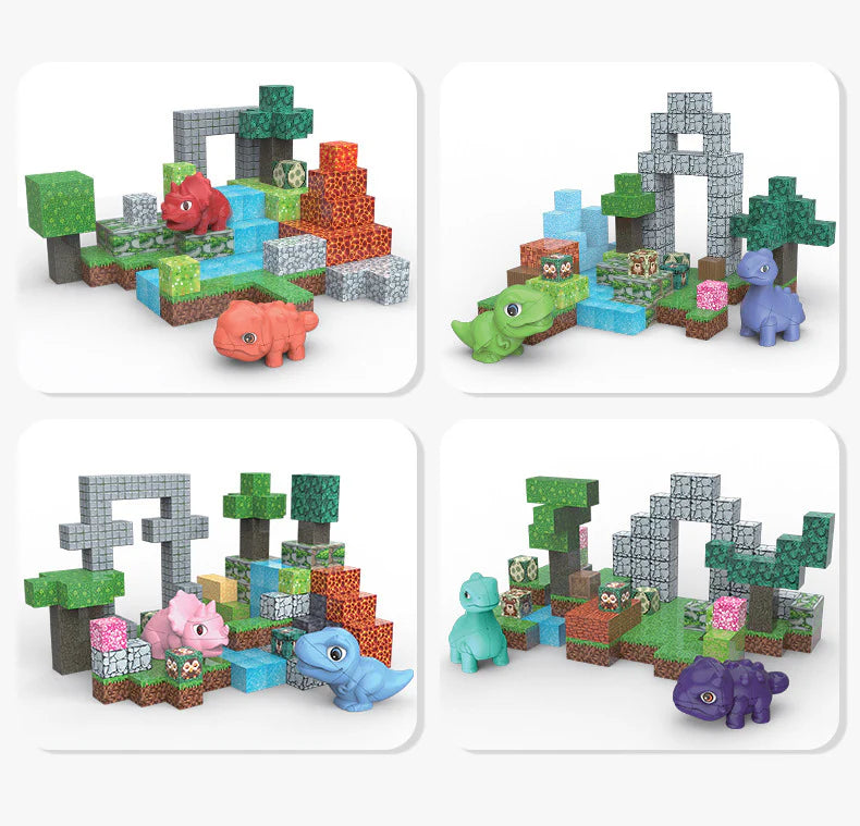 Child building dinosaur world with magnetic blocks | Best STEM toys for 3 year olds