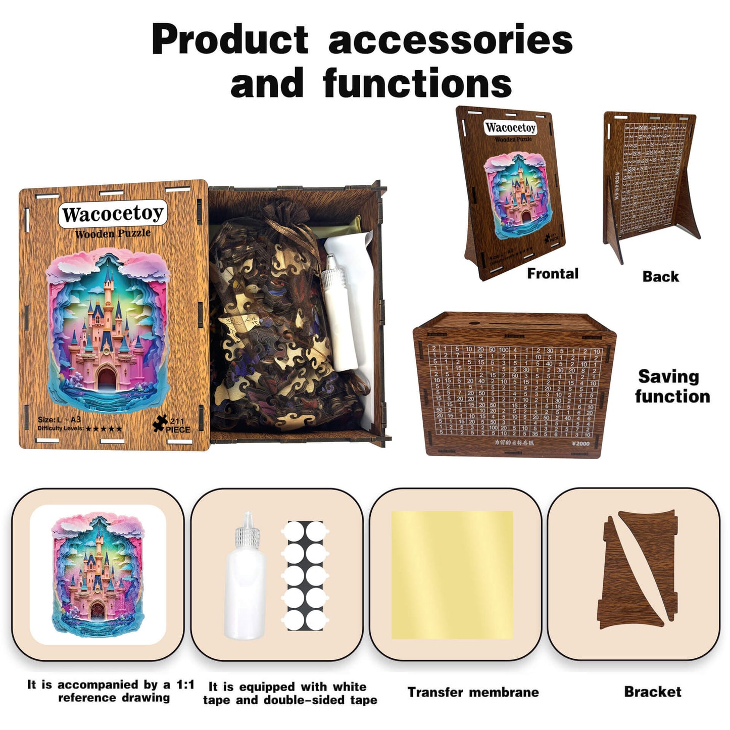 A beautifully crafted pink castle wooden puzzle featuring towering spires, clouds, colorful flowers, and lush trees.