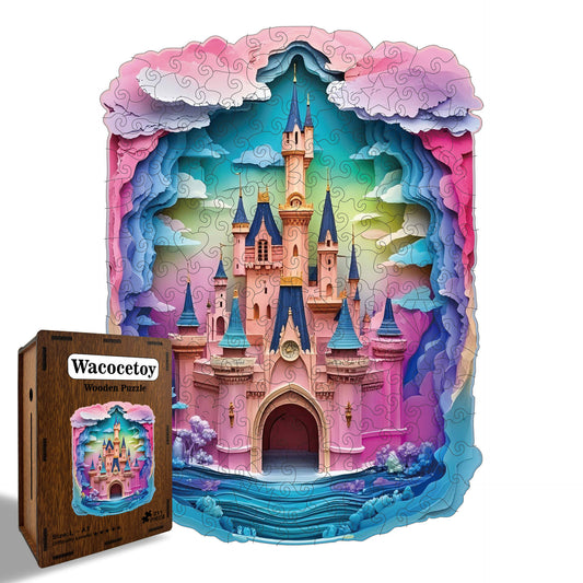 A beautifully crafted pink castle wooden puzzle featuring towering spires, clouds, colorful flowers, and lush trees.