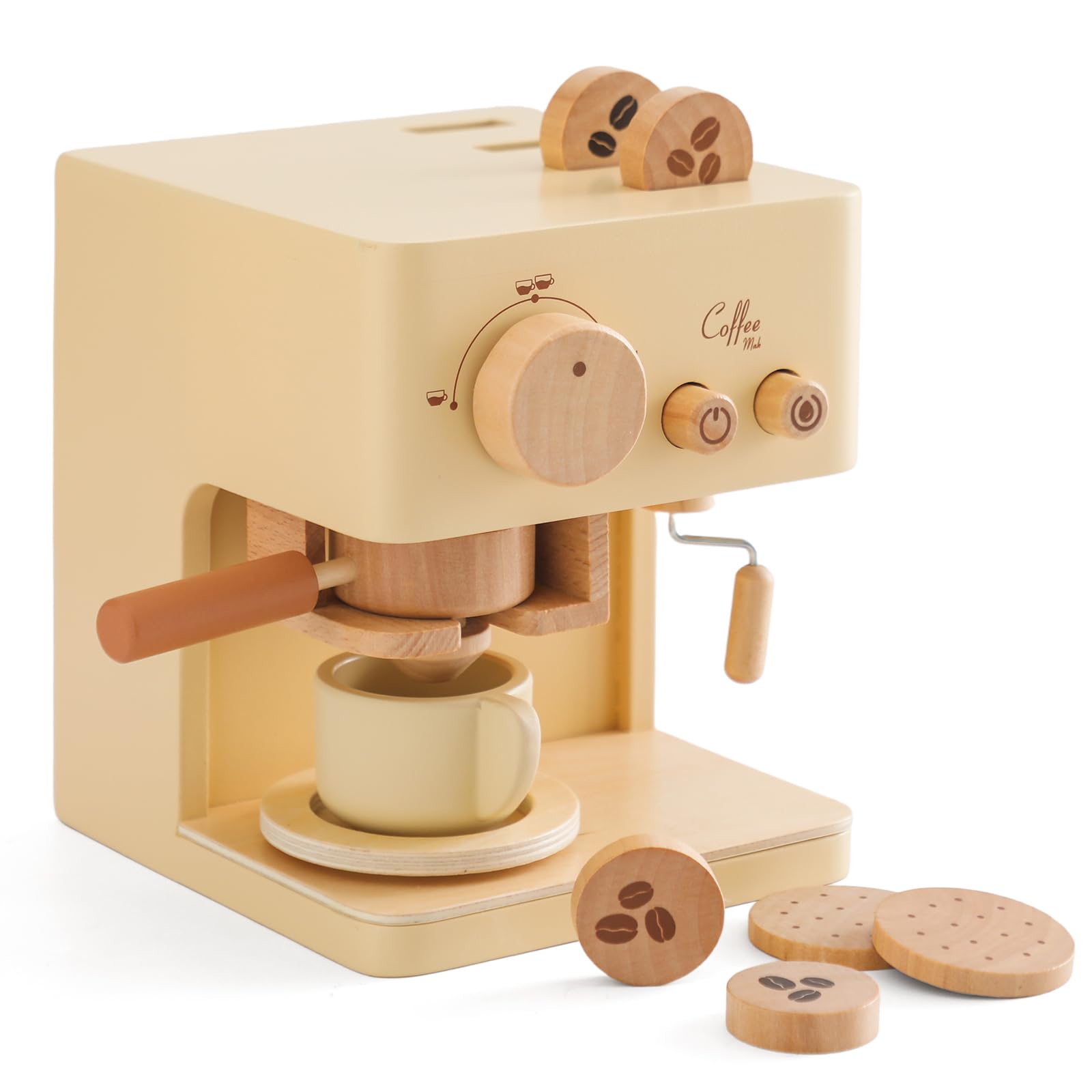 Wooden kids coffee maker playset with grinder, coffee cup, filters, coaster, and coffee discs – Montessori-inspired pretend play toy for toddlers
