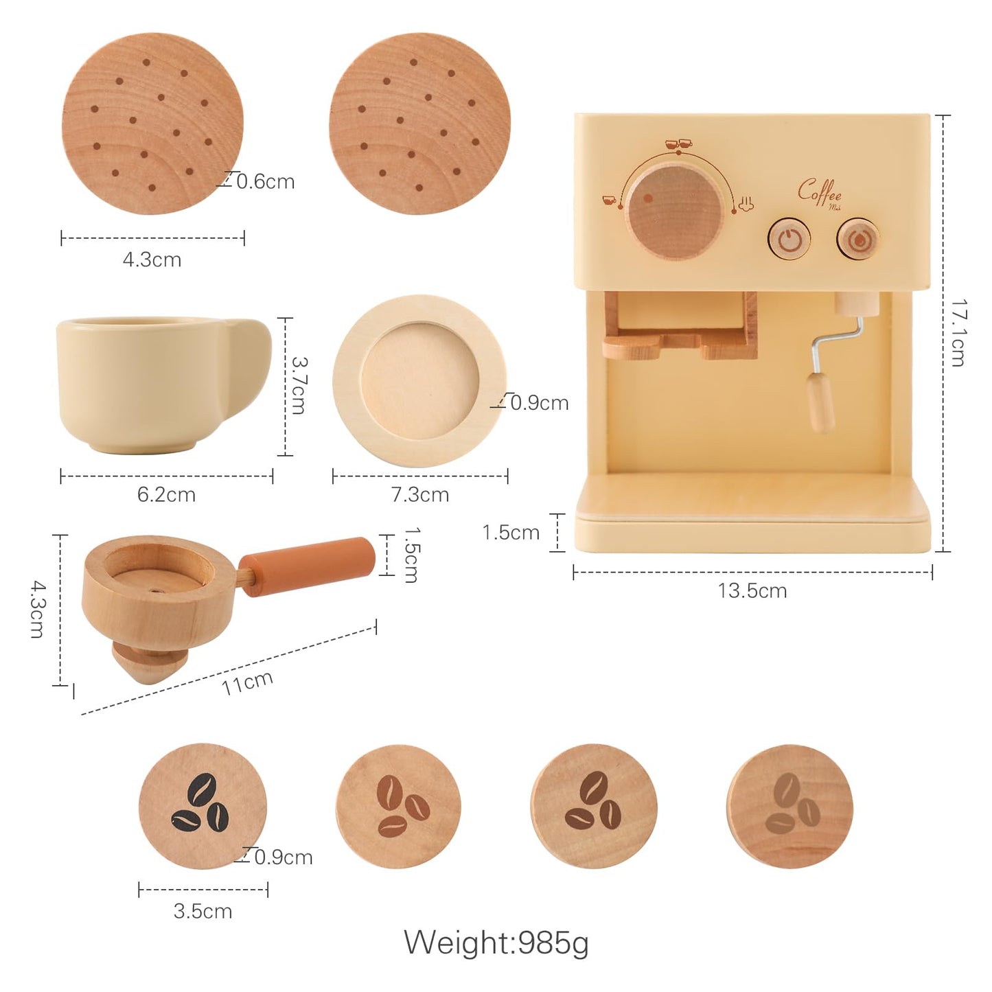 Wooden kids coffee maker playset with grinder, coffee cup, filters, coaster, and coffee discs – Montessori-inspired pretend play toy for toddlers