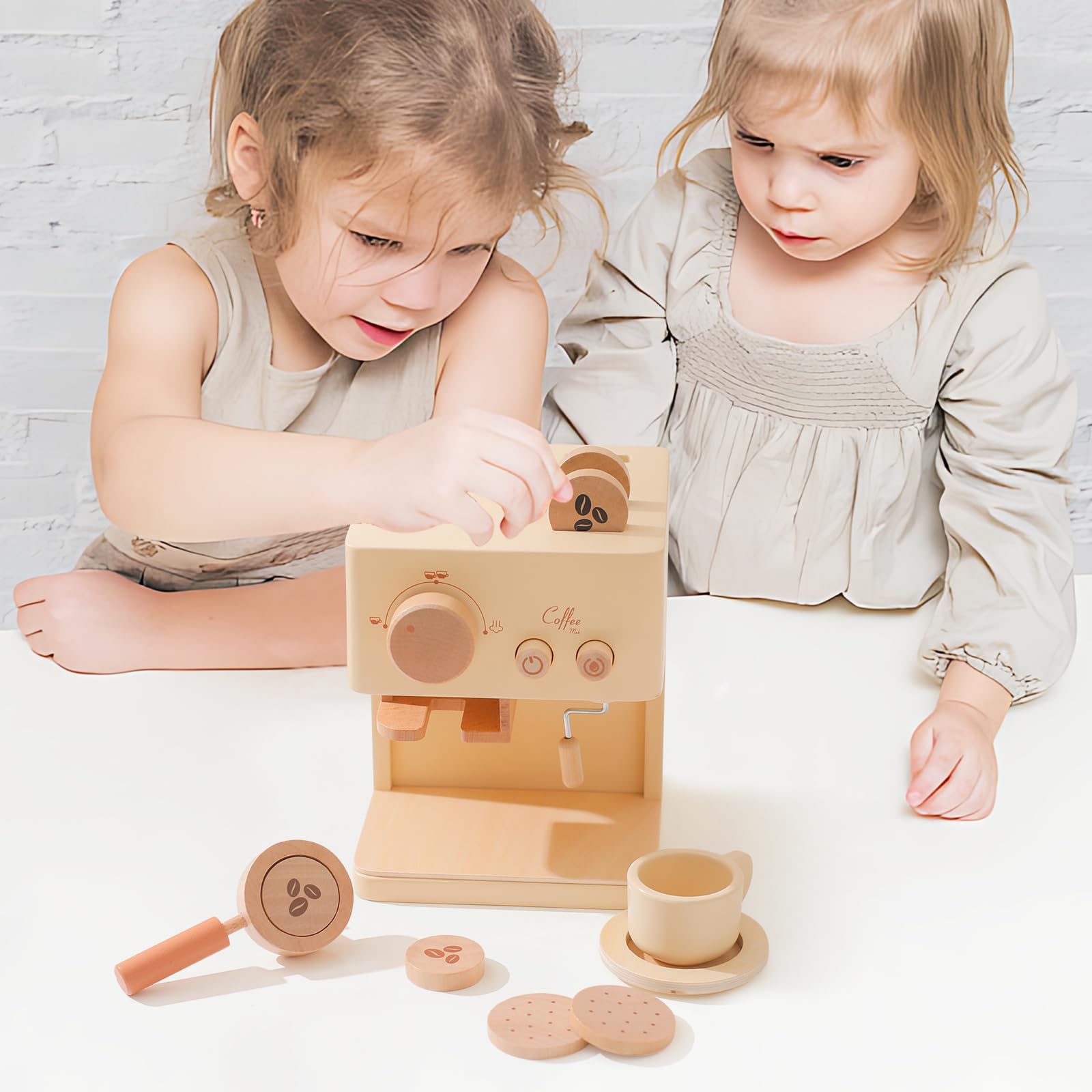 Wooden kids coffee maker playset with grinder, coffee cup, filters, coaster, and coffee discs – Montessori-inspired pretend play toy for toddlers