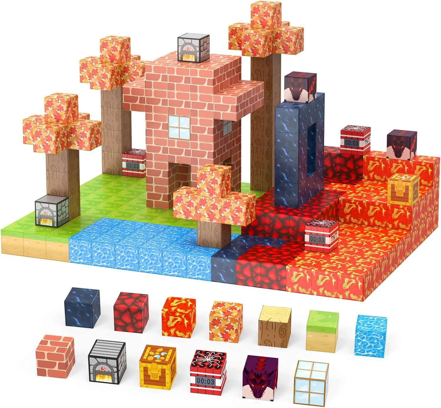 Montessori-inspired magnetic Minecraft blocks set featuring a colorful maple forest, brick house, trees, lava terrain, and water elements for creative building and STEM play.