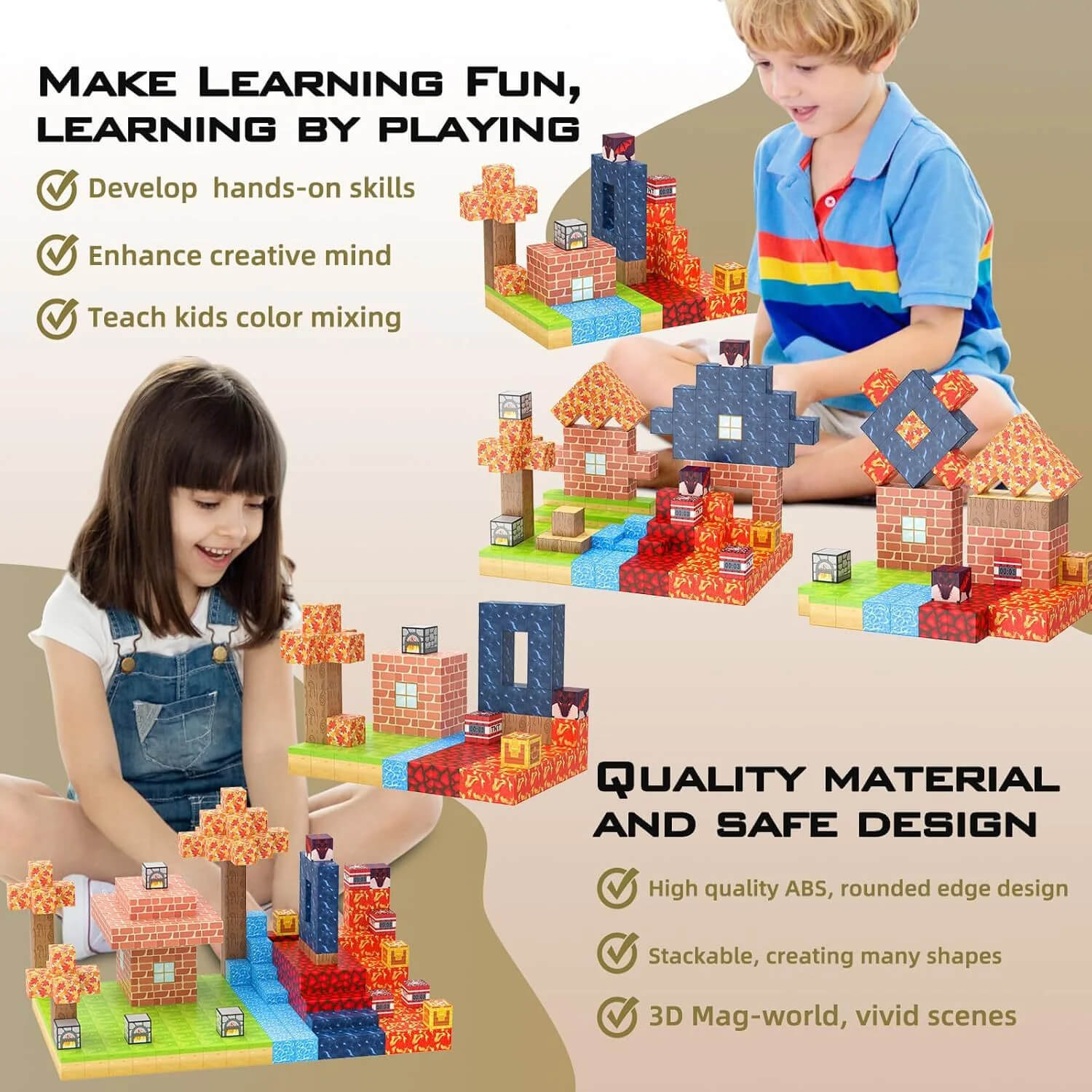 Montessori-inspired magnetic Minecraft blocks set featuring a colorful maple forest, brick house, trees, lava terrain, and water elements for creative building and STEM play.