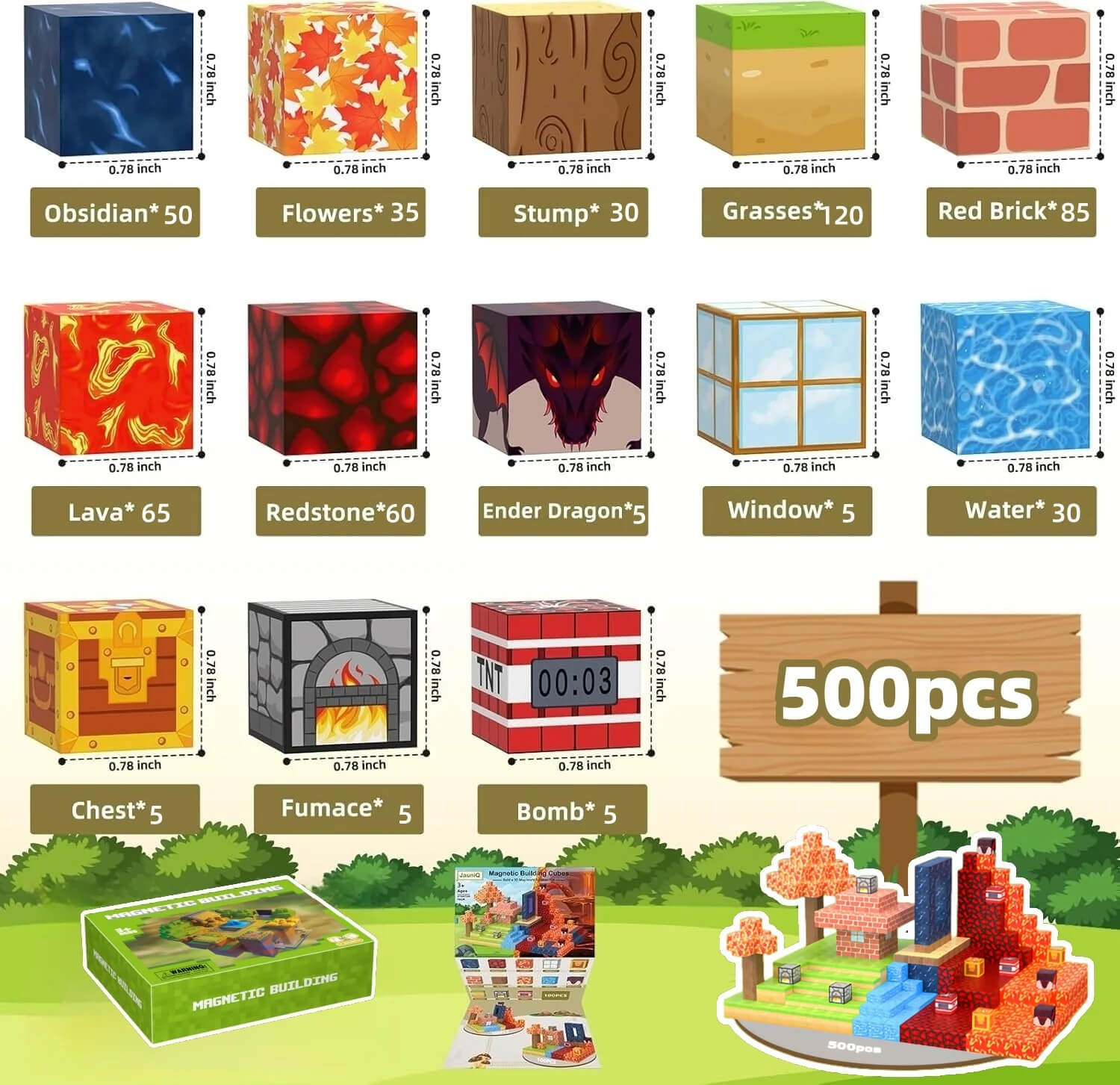 Montessori-inspired magnetic Minecraft blocks set featuring a colorful maple forest, brick house, trees, lava terrain, and water elements for creative building and STEM play.