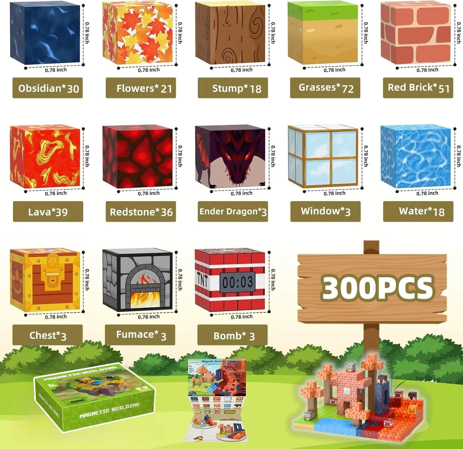 Montessori-inspired magnetic Minecraft blocks set featuring a colorful maple forest, brick house, trees, lava terrain, and water elements for creative building and STEM play.