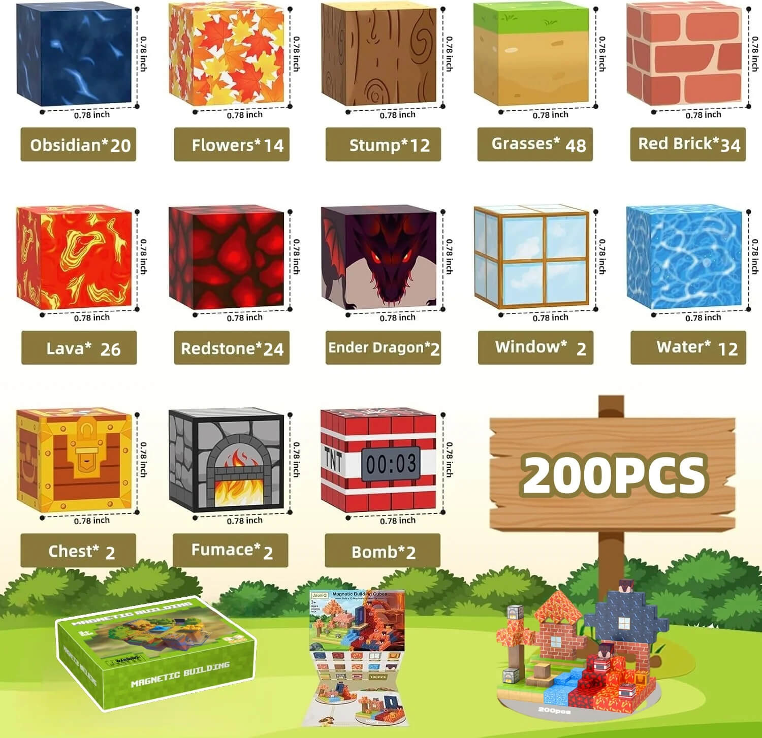 Montessori-inspired magnetic Minecraft blocks set featuring a colorful maple forest, brick house, trees, lava terrain, and water elements for creative building and STEM play.