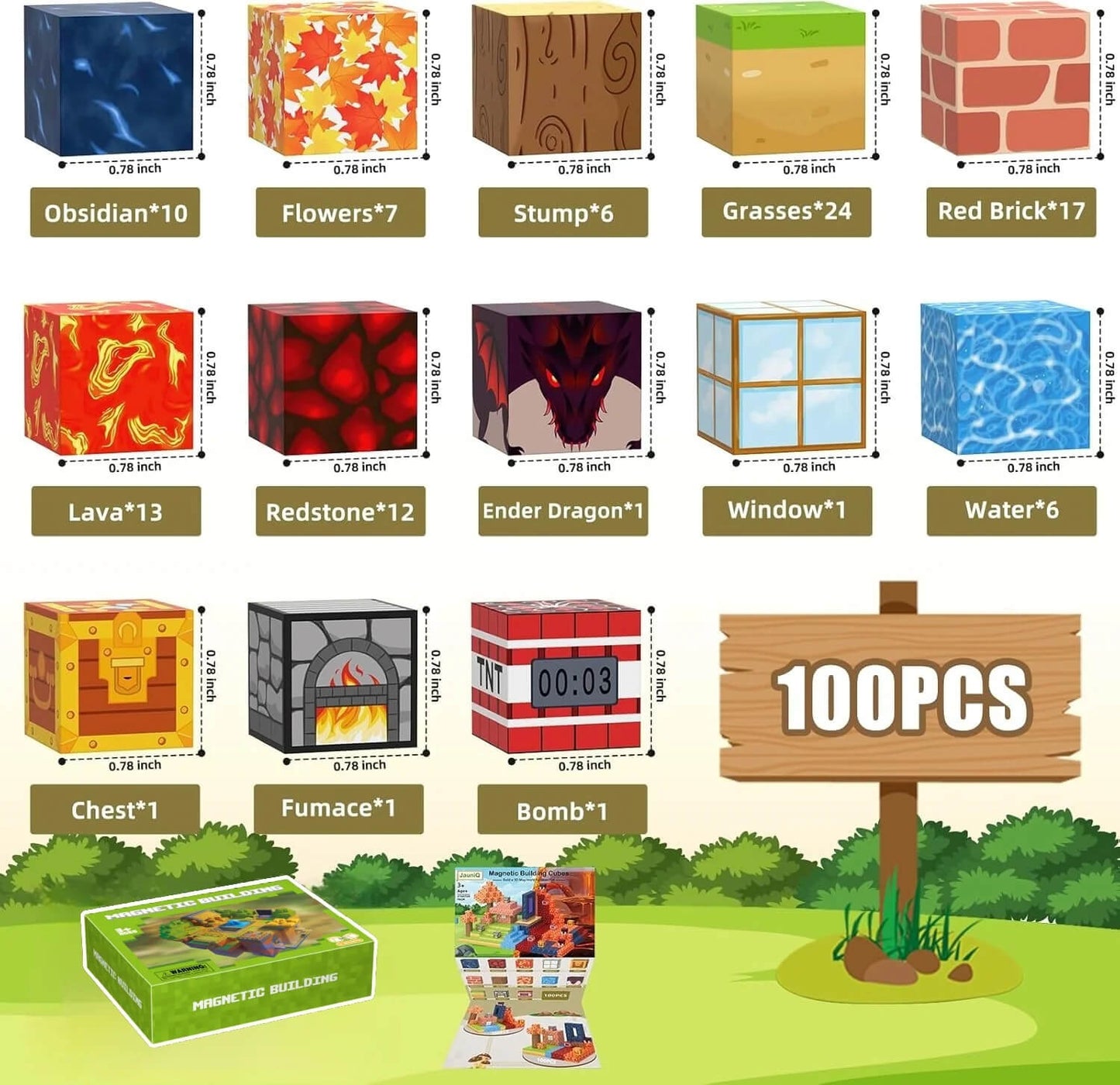 Montessori-inspired magnetic Minecraft blocks set featuring a colorful maple forest, brick house, trees, lava terrain, and water elements for creative building and STEM play.