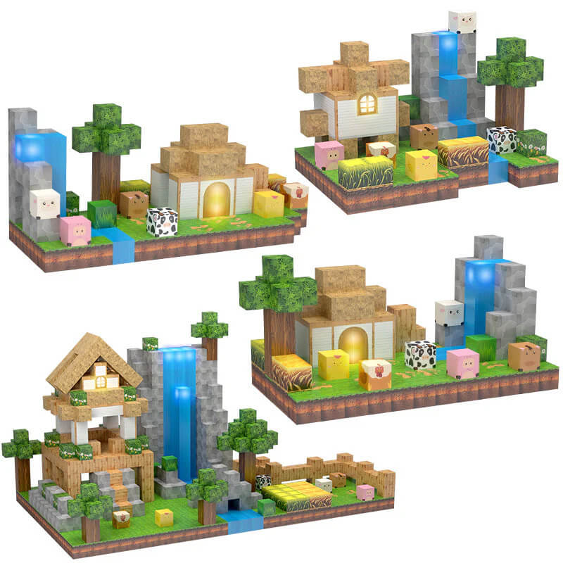Child building a whimsical farmhouse with open ended magnetic blocks, glowing tiles and animal figurines