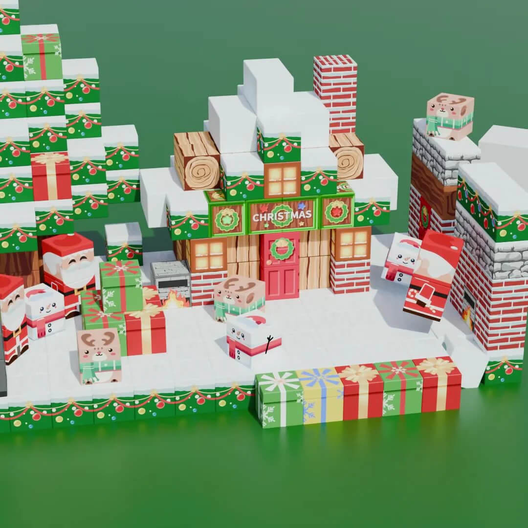 Parents and children developing fine motor skills through festive magnetic block play