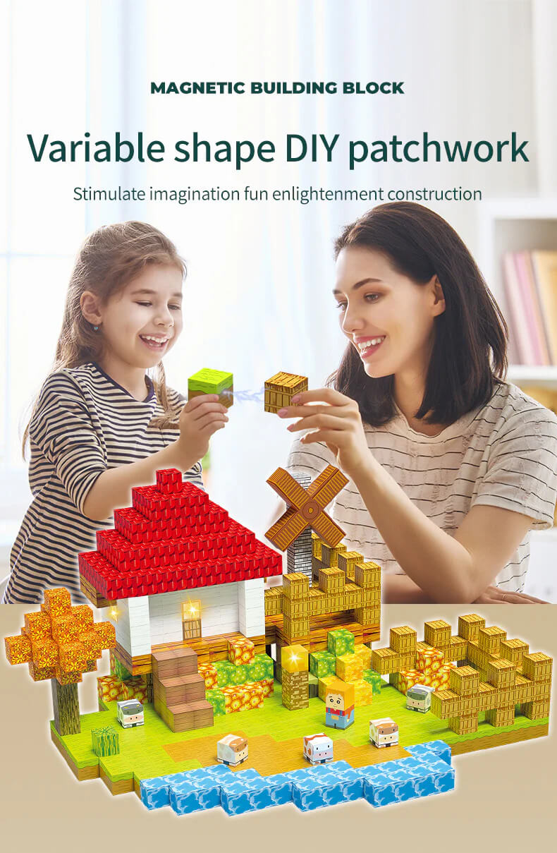Pixel farm magnetic building blocks set with animals, river, barn and windmill – best toys for 3 year olds to build and explore
