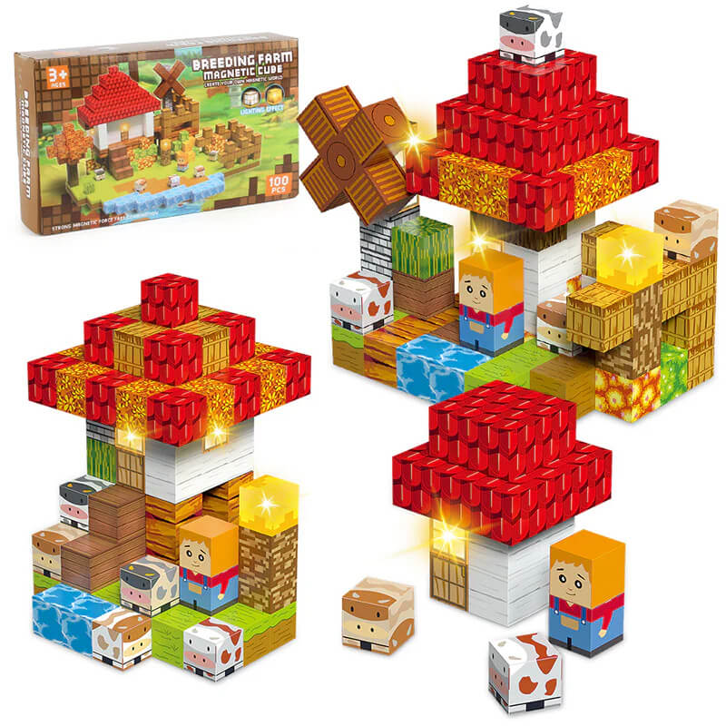 Pixel farm magnetic building blocks set with animals, river, barn and windmill – best toys for 3 year olds to build and explore