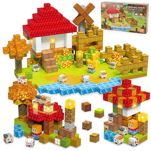 Pixel farm magnetic building blocks set with animals, river, barn and windmill – best toys for 3 year olds to build and explore
