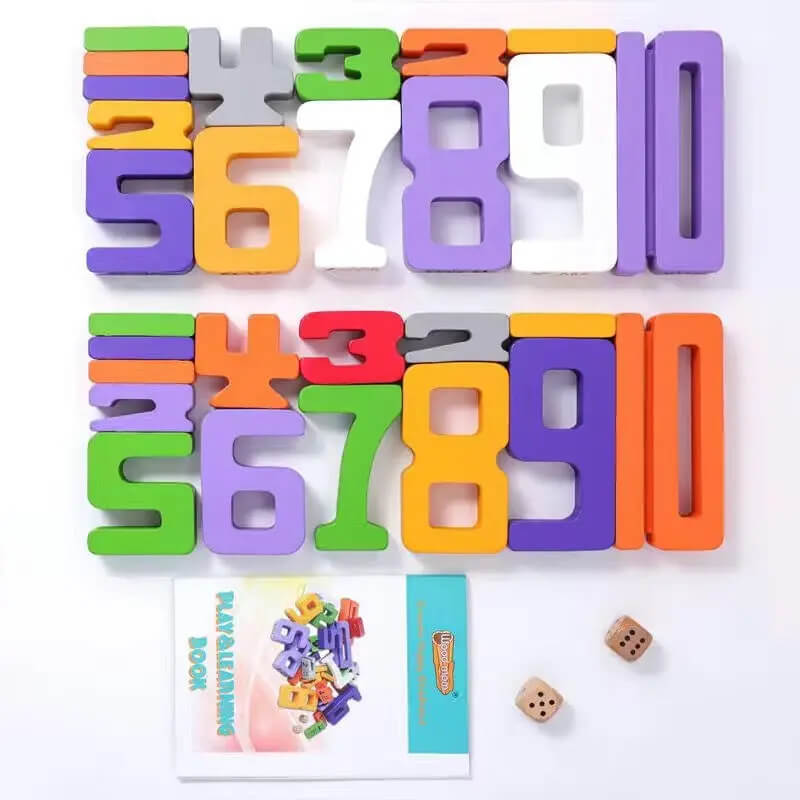 Preschooler using eco-friendly wooden number blocks as learning toys for early math