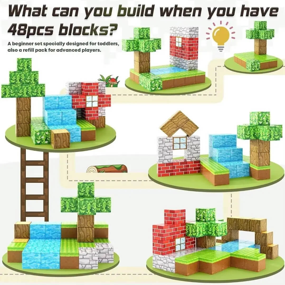 The Perfect Montessori Forest Set: Vibrant minecraft magnetic blocks ready for building imaginative woodland scenes.