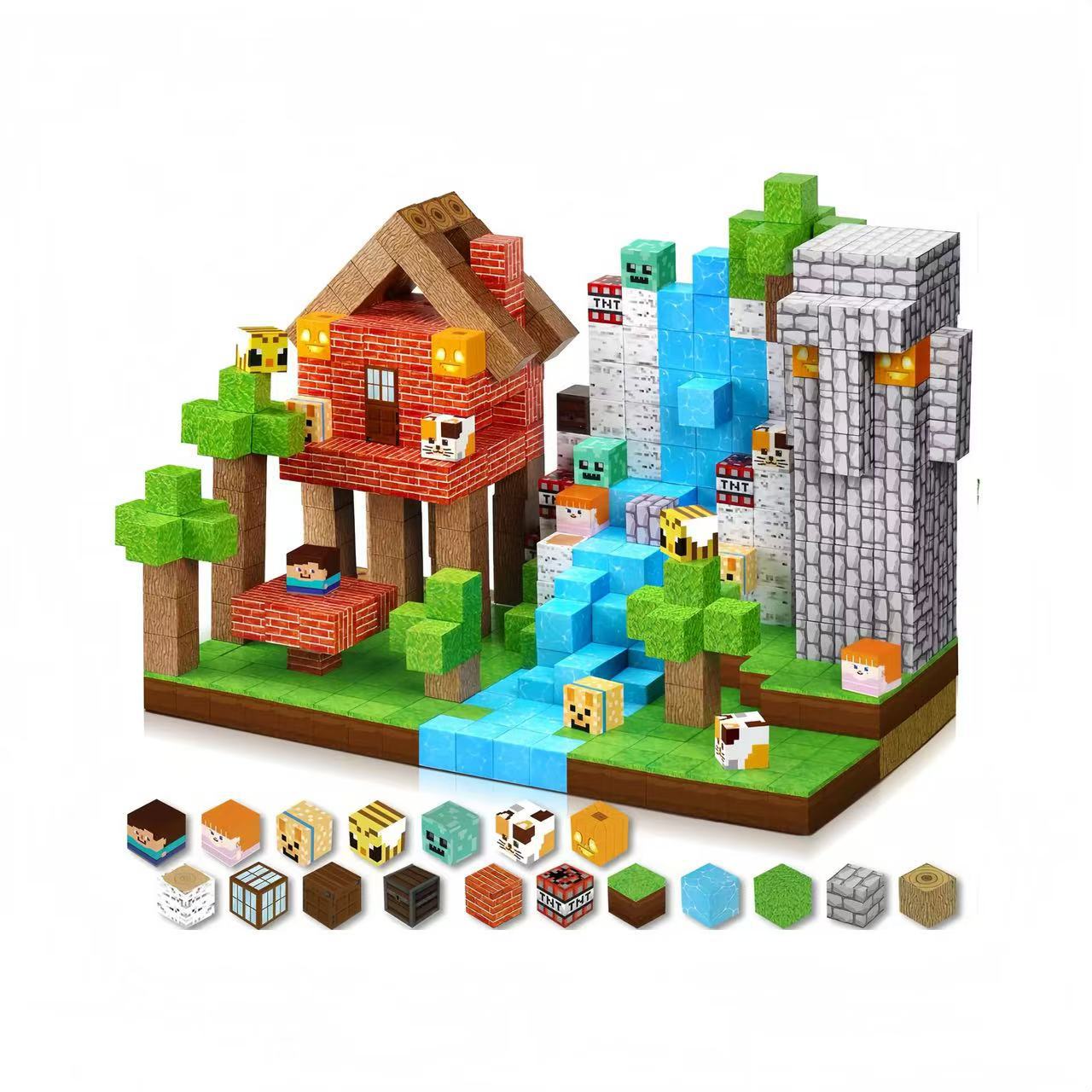 Close-up of Montessori jungle magnetic blocks: wooden tree, vine, and animal pieces with safe embedded magnets